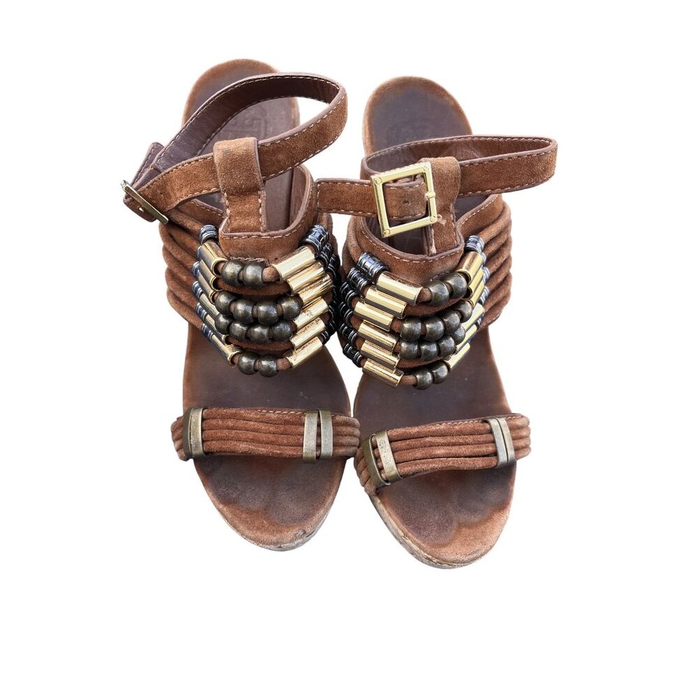 Tory Burch Womens Brown Suede Beaded Cork Wedge Sandals Size 7.5